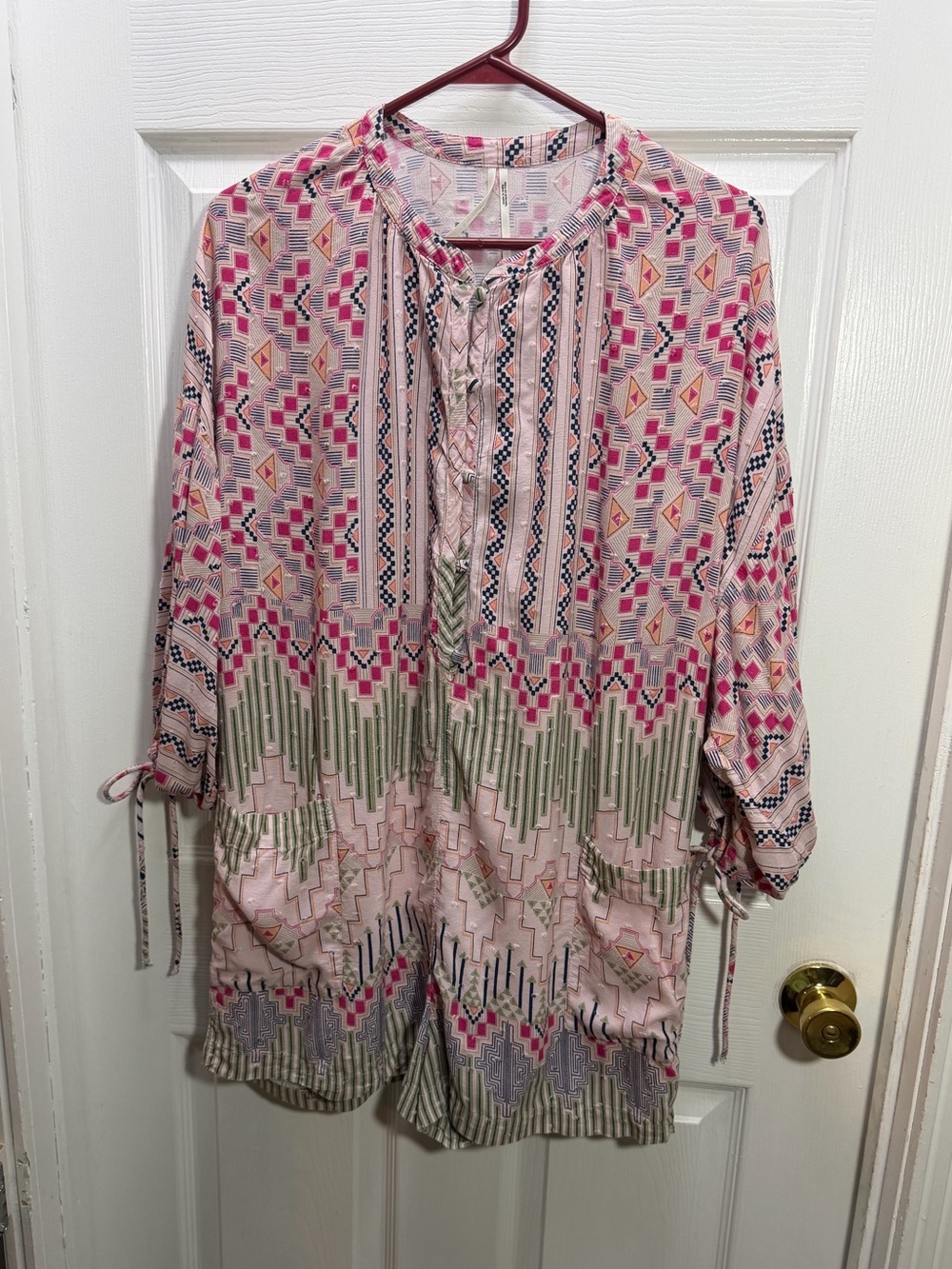 Anthropologie Pink Multi Geometric Print Pajama Romper